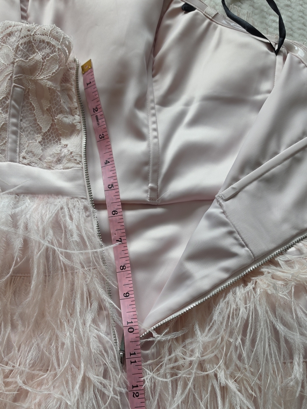 Bebe Strapless Blush Lace & Feather Cocktail Dress - Picture 9 of 11